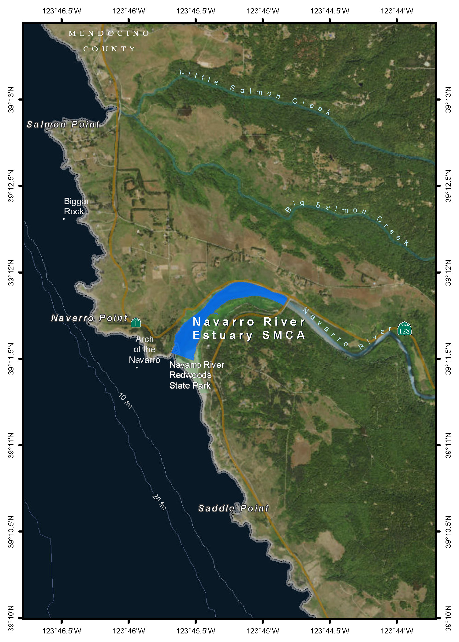 Map of Navarro River Estuary State Marine Conservation Area - click to enlarge in new tab
